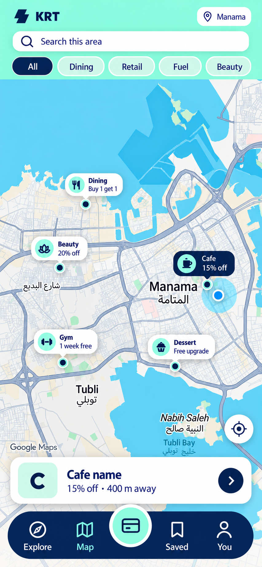 KRT app: map of Manama with nearby offers and the Map tab selected