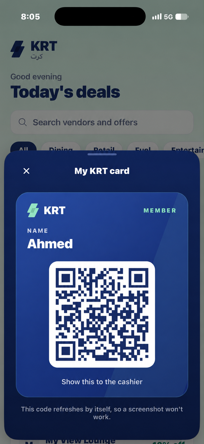 KRT app: digital membership card and QR code